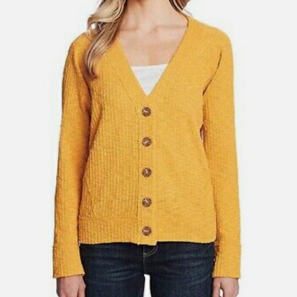 Vince Camuto Textured VNeck Button Cardigan Mustard Yellow Sz small - Picture 1 of 7